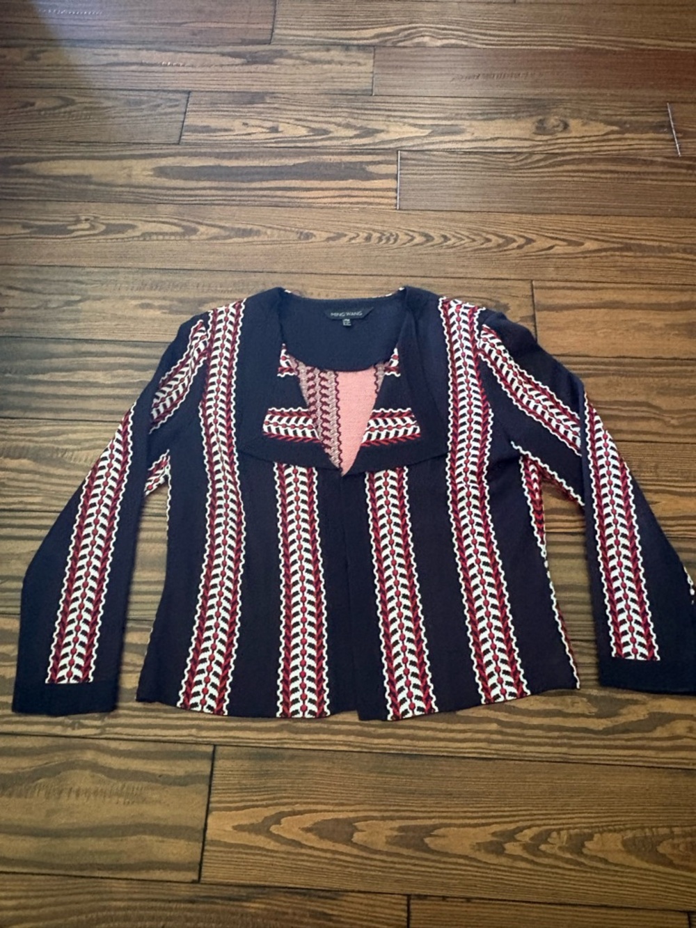 Ming Wang Navy Cardigan with Burgundy and Cream Stripes